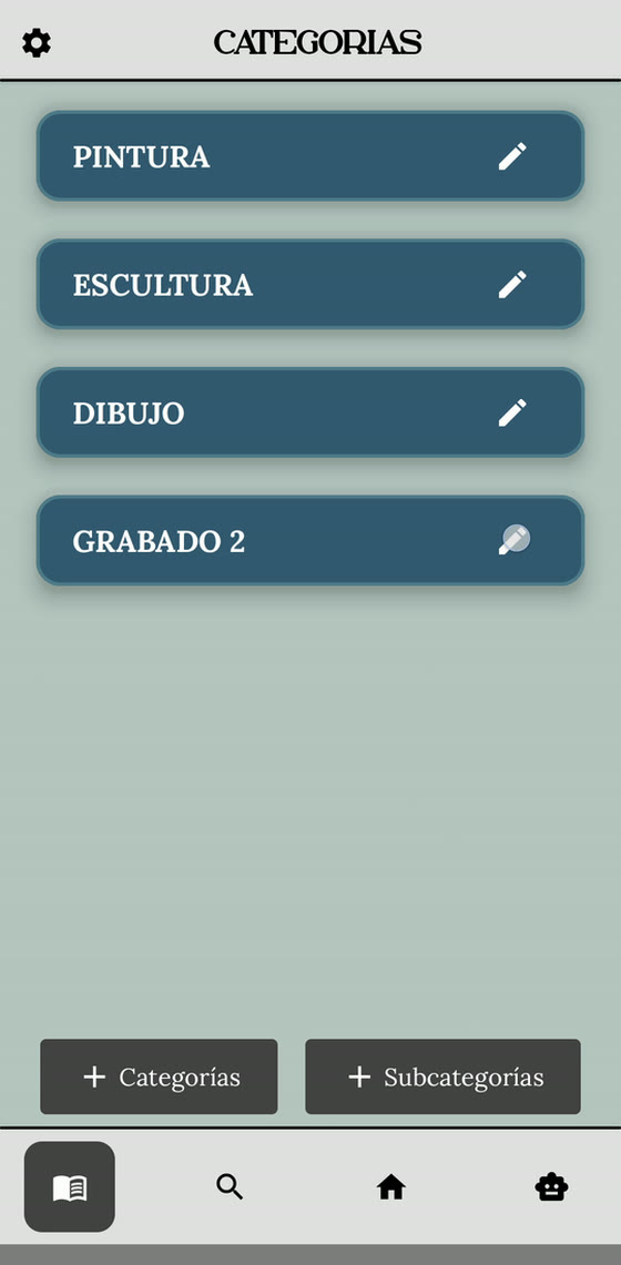 The ArtCenter administration screen listing the categories Pintura, Escultura, Dibujo and Grabado, each with an edit control.