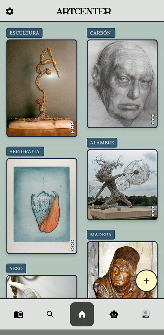 The ArtCenter feed on a phone, a two-column grid of user artwork with each card labelled by its technique.