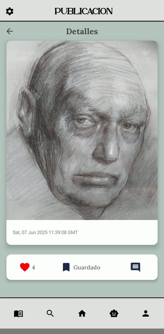 An ArtCenter post detail screen showing a charcoal portrait, its publication date, likes, save and comment controls.