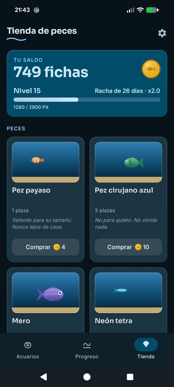 The FocusReef fish shop, listing species with their slot cost and token price against a balance of 749 tokens.