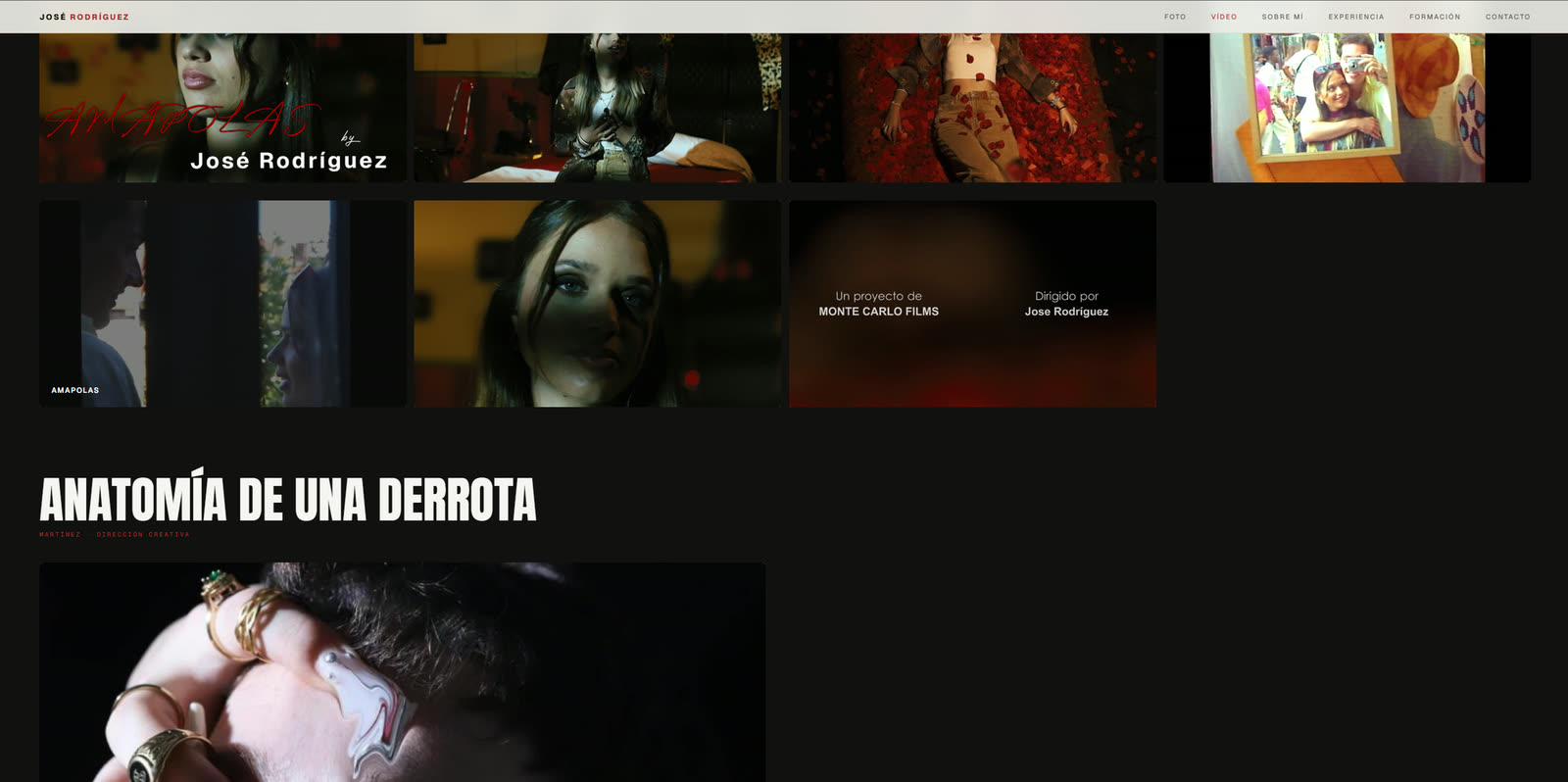 The video section of joserodriguez.mov, showing a grid of stills from the short film Amapolas over a dark background.