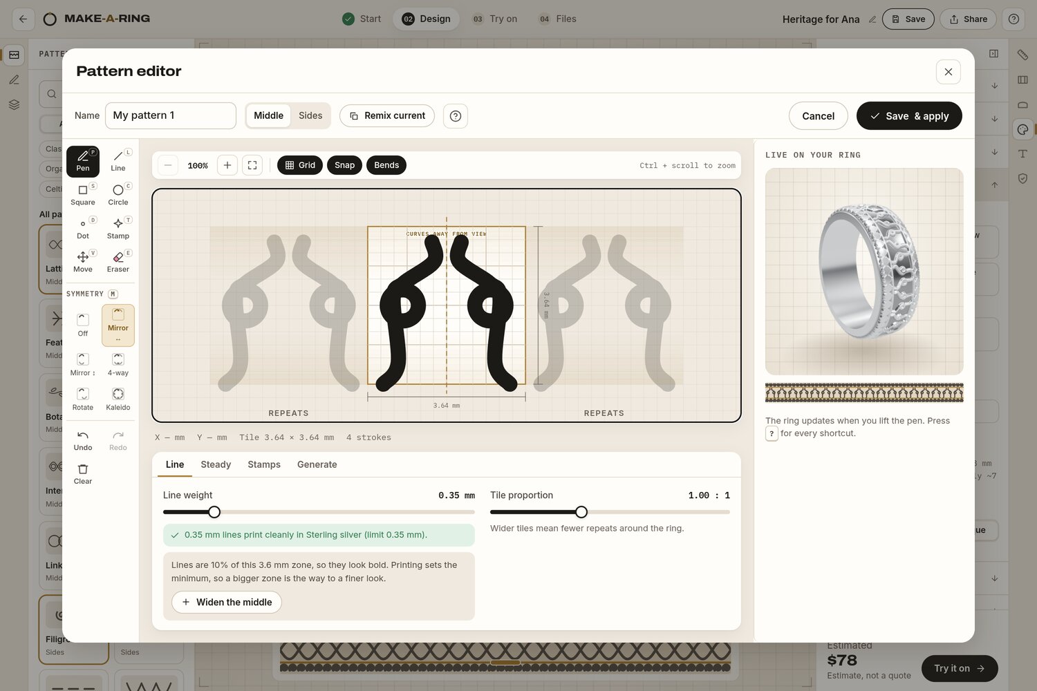 The pattern editor with one tile drawn under mirror symmetry, its repeats shown faded on each side, a 0.35 mm line weight checked against sterling silver, and the ring updating on the right.