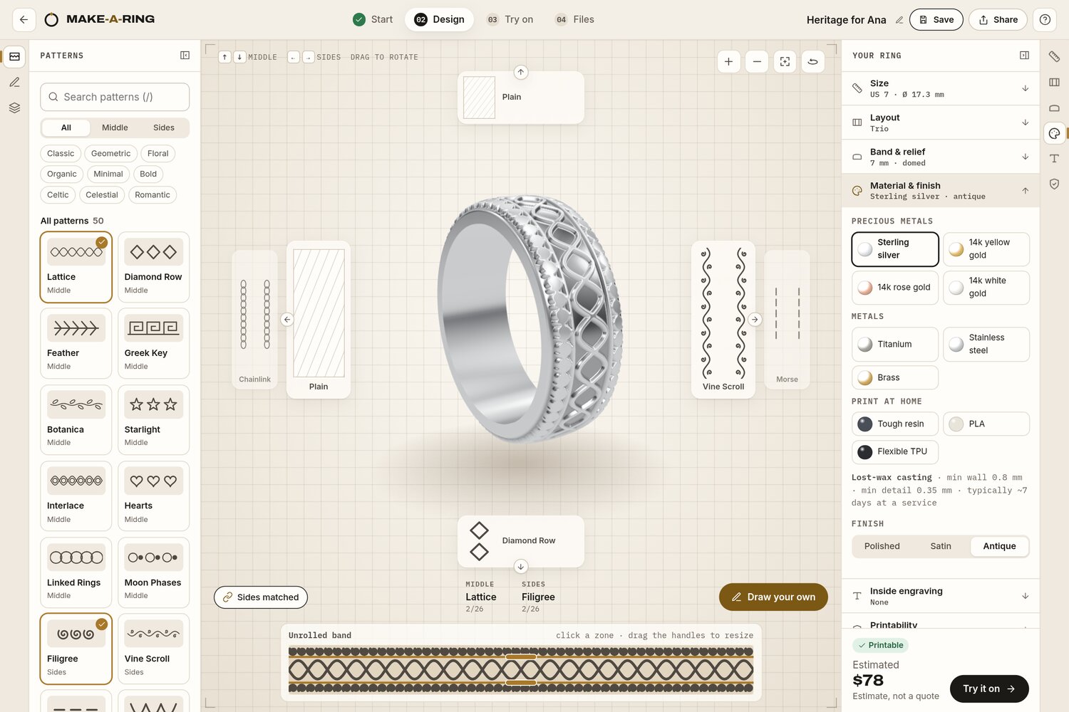 The Make-a-Ring studio, with a silver ring at the centre of a cross carousel of pattern cards, the pattern library on the left, the ring's properties on the right and the unrolled band underneath.